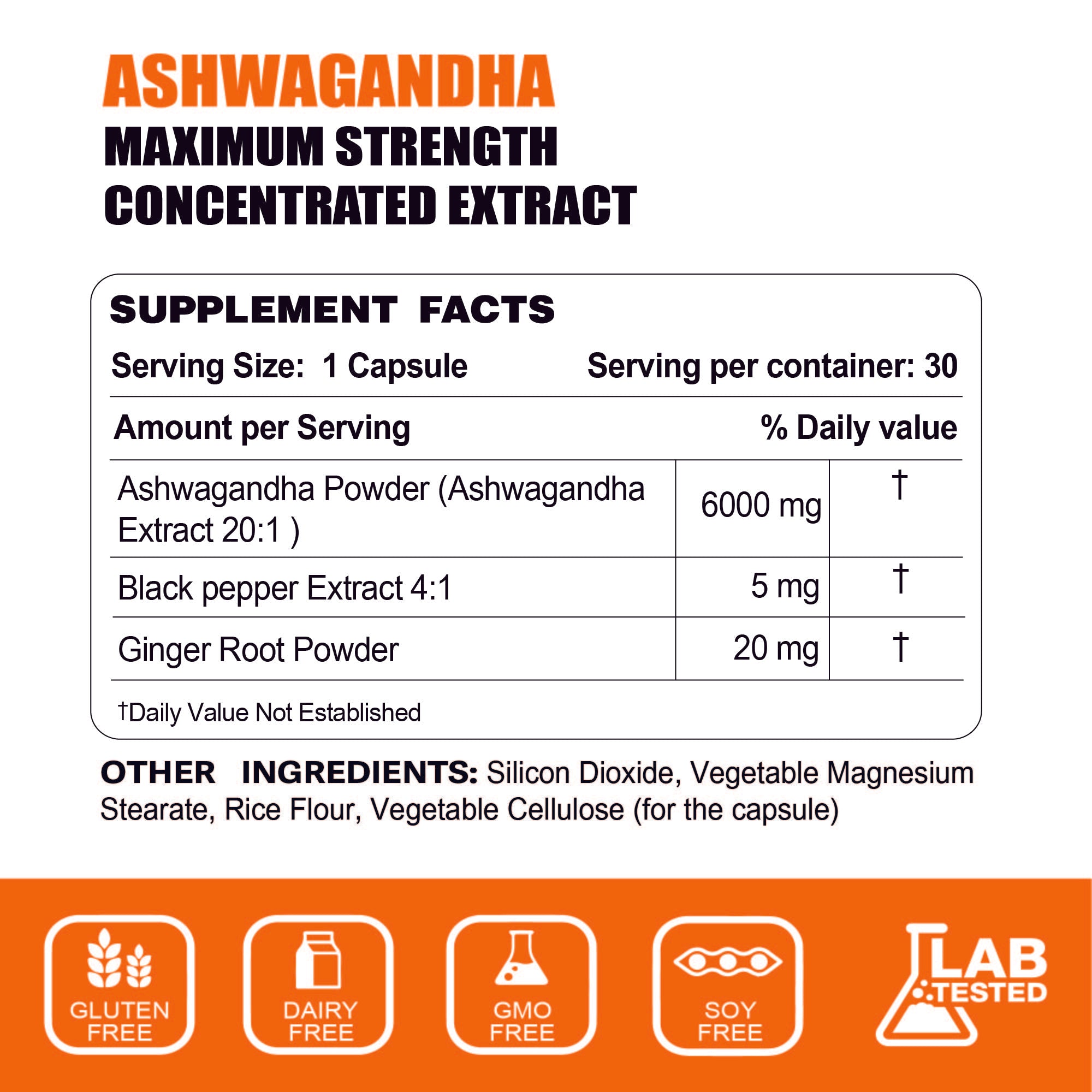 Ashwagandha 6000mg Maximum Strength, Optimized Absorption with Black Pepper and Ginger Root, Natural Adaptogen Mood & Stress Support, Sleep & Energy Support, 30 Vegan Capsules 1 Month