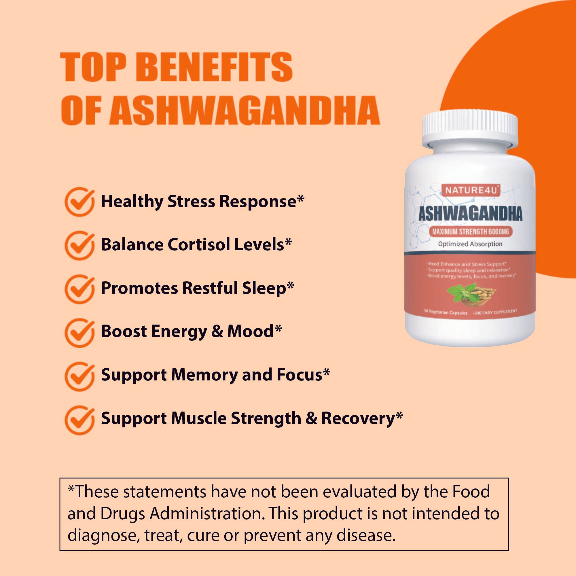 Ashwagandha 6000mg Maximum Strength, Optimized Absorption with Black Pepper and Ginger Root, Natural Adaptogen Mood & Stress Support, Sleep & Energy Support, 30 Vegan Capsules 1 Month