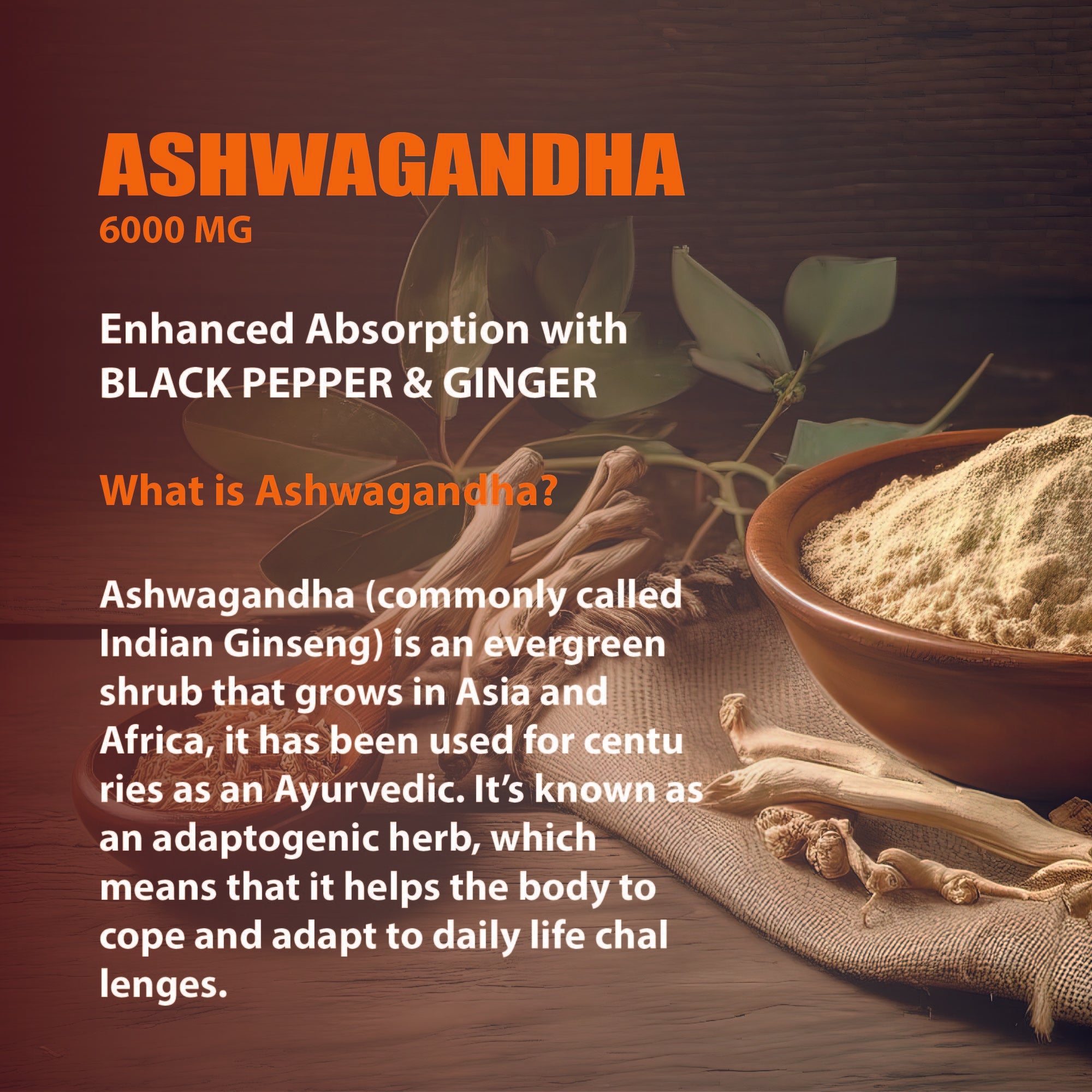 Ashwagandha 6000mg Maximum Strength, Optimized Absorption with Black Pepper and Ginger Root, Natural Adaptogen Mood & Stress Support, Sleep & Energy Support, 30 Vegan Capsules 1 Month