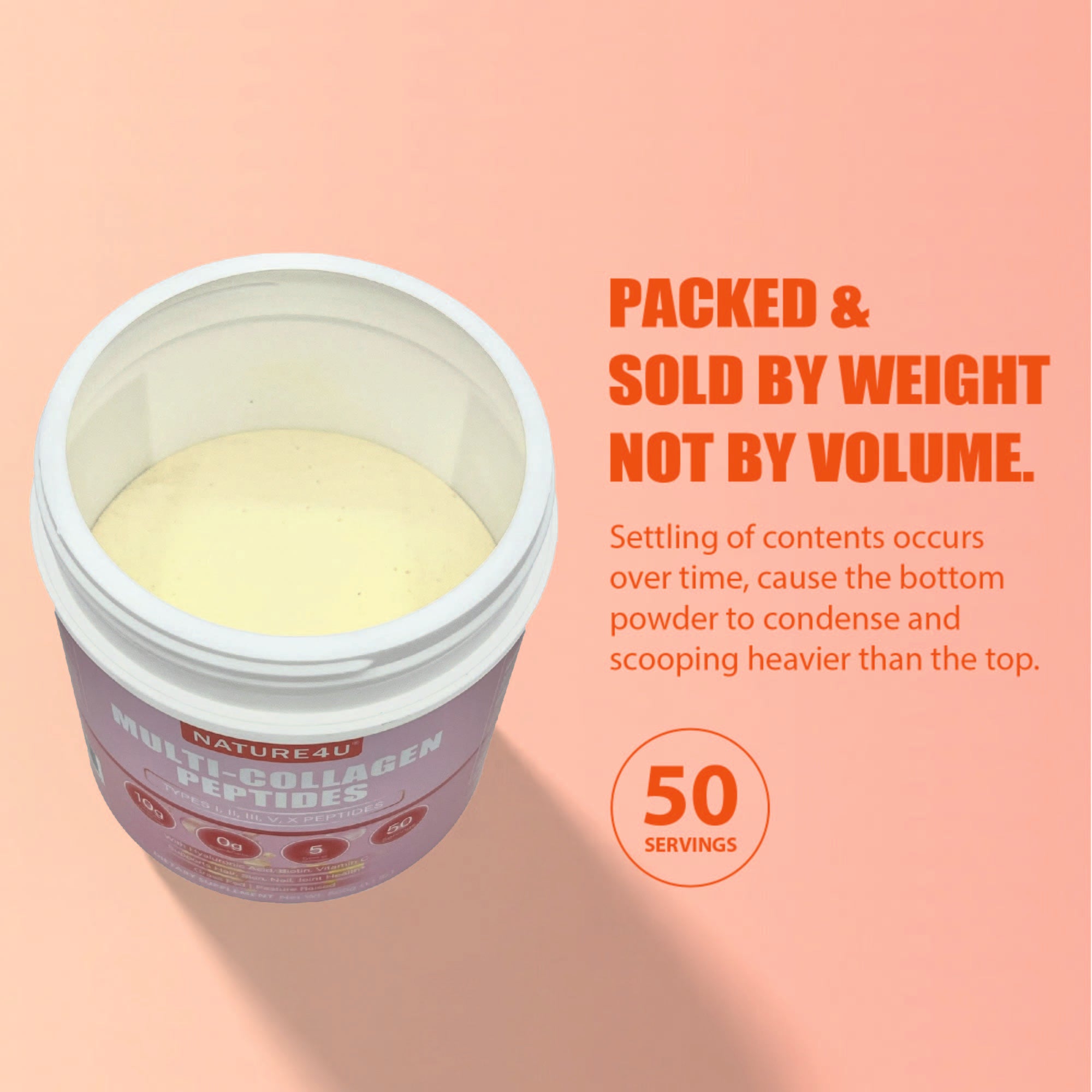 Nature4U Multi Collagen Peptides Powder 10g - Type I, II, III, V, X Hydrolyzed Collagen Protein Powder with Biotin, Hyaluronic Acid, Vitamin C for Hair, Skin, Nails & Joint Support - Unflavored 1.1 lb