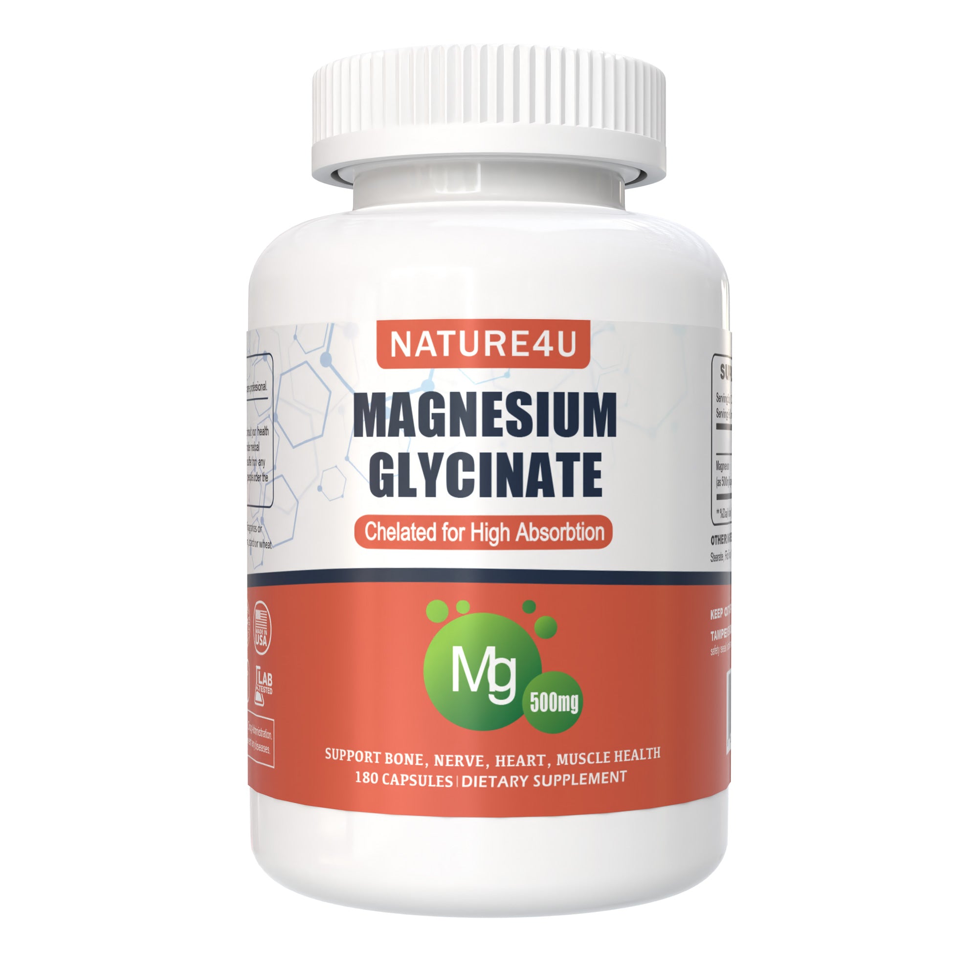 Magnesium Glycinate 500mg, Sleep, Muscle, Heart, Never and Bone Support, 180 Capsules