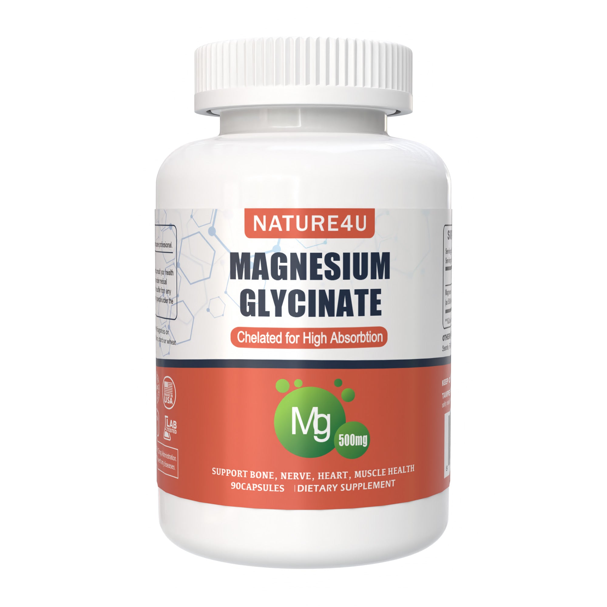 Magnesium Glycinate 500mg, Sleep, Muscle, Heart, Never and Bone Support, 90 Capsules