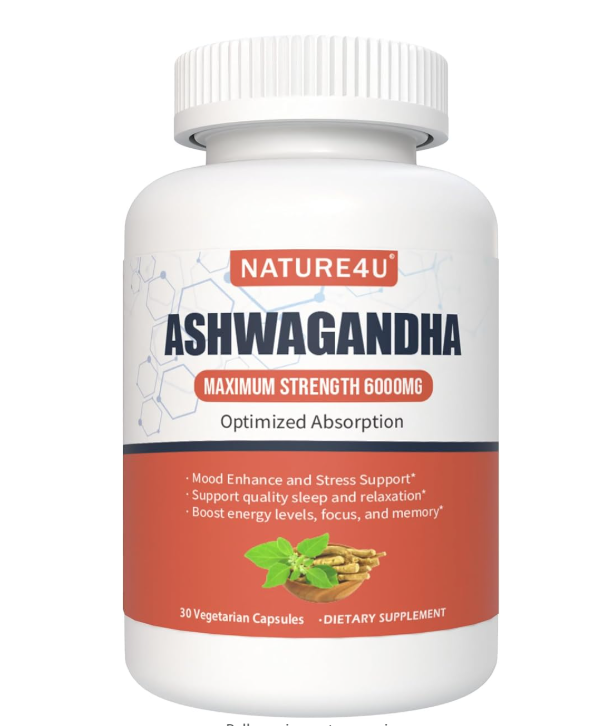 Ashwagandha 6000mg Maximum Strength, Optimized Absorption with Black Pepper and Ginger Root, Natural Adaptogen Mood & Stress Support, Sleep & Energy Support, 30 Vegan Capsules 1 Month