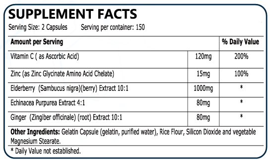 Elderberry Vitamin C + Zinc Immune Support  300 Capsules