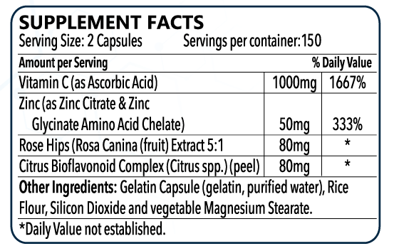 Vitamin C 1000mg with Zinc  for Immune Support Health 300 Capsules