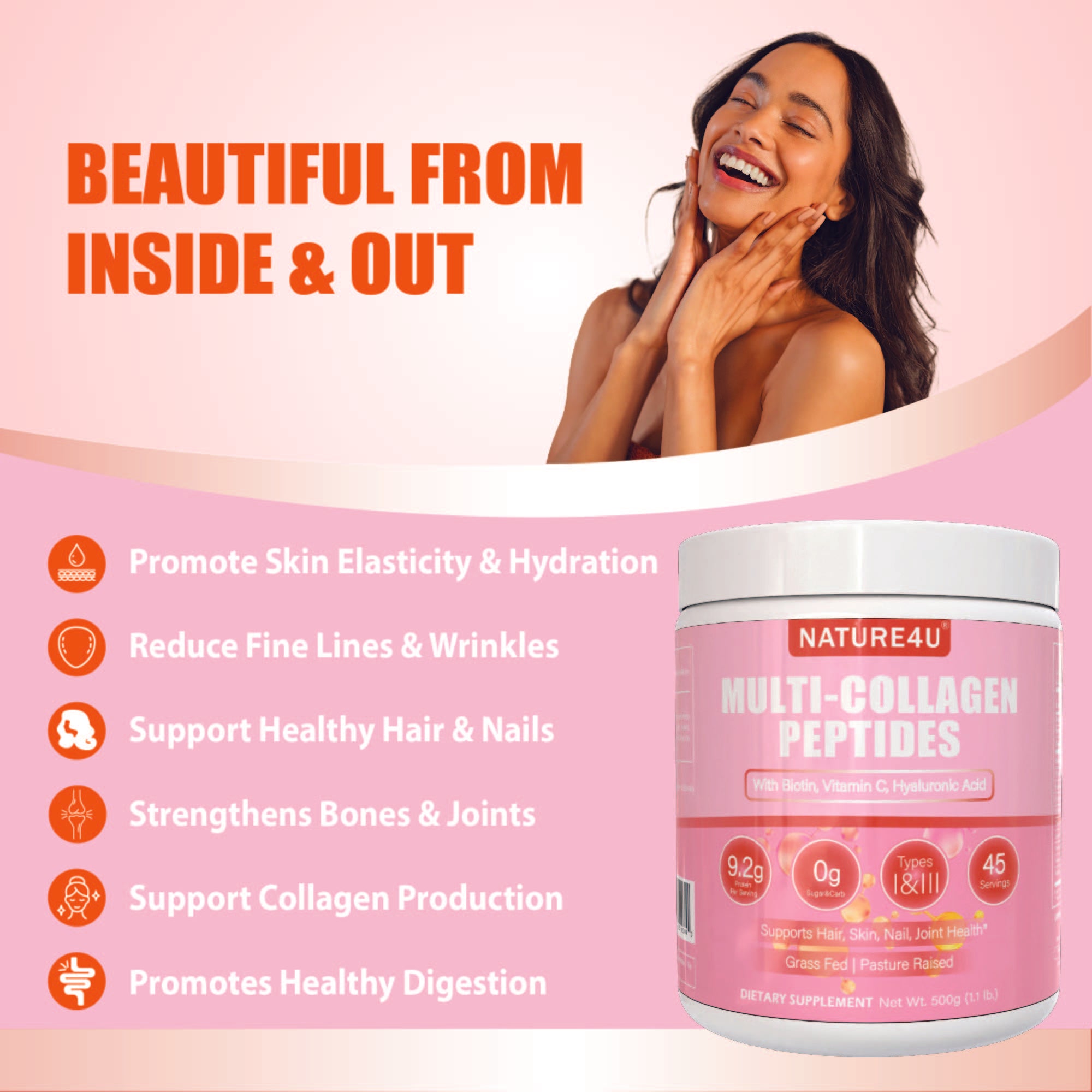 Nature4U Multi Collagen Peptides Powder 10g - Type I, II, III, V, X Hydrolyzed Collagen Protein Powder with Biotin, Hyaluronic Acid, Vitamin C for Hair, Skin, Nails & Joint Support - Unflavored 1.1 lb