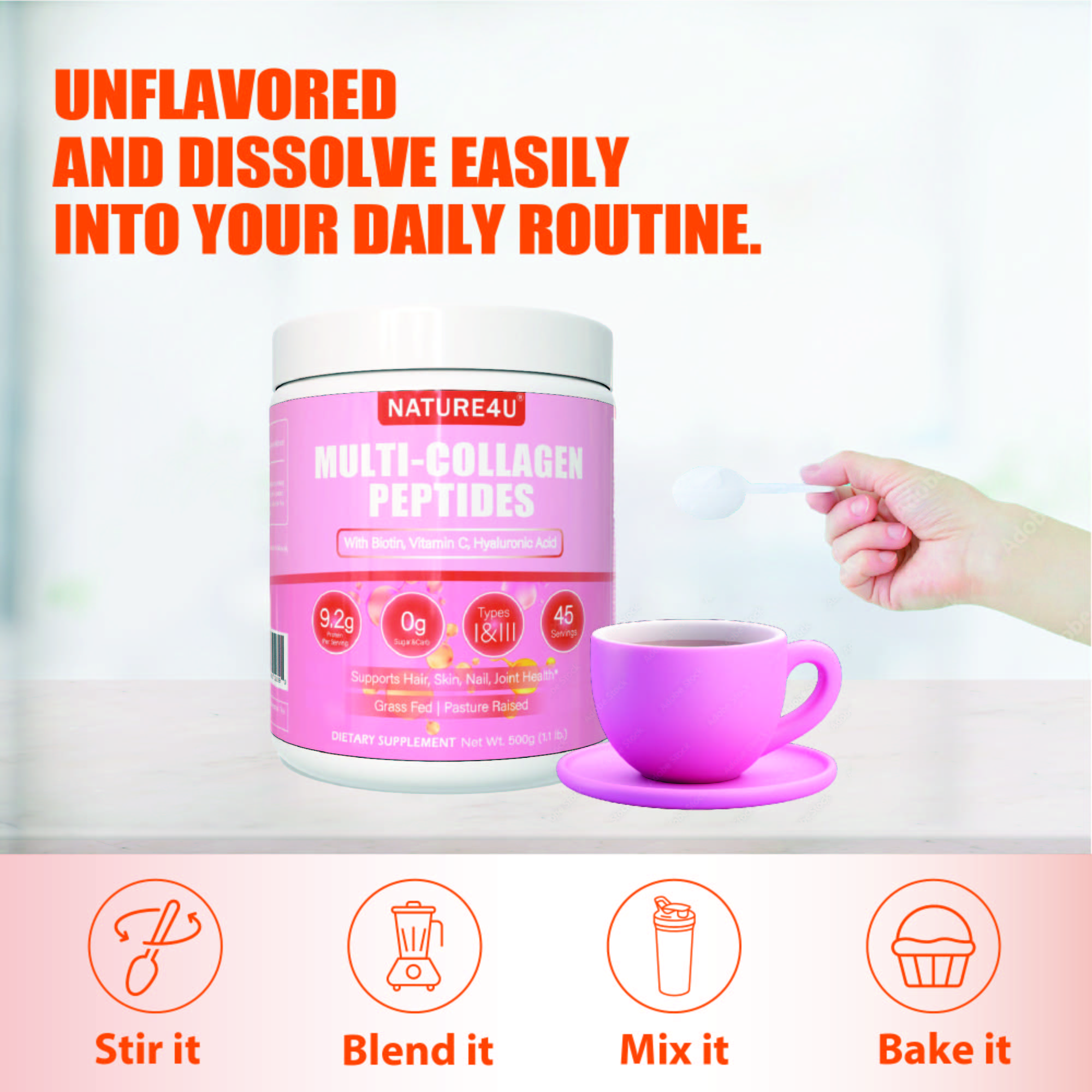 Nature4U Multi Collagen Peptides Powder 10g - Type I, II, III, V, X Hydrolyzed Collagen Protein Powder with Biotin, Hyaluronic Acid, Vitamin C for Hair, Skin, Nails & Joint Support - Unflavored 1.1 lb