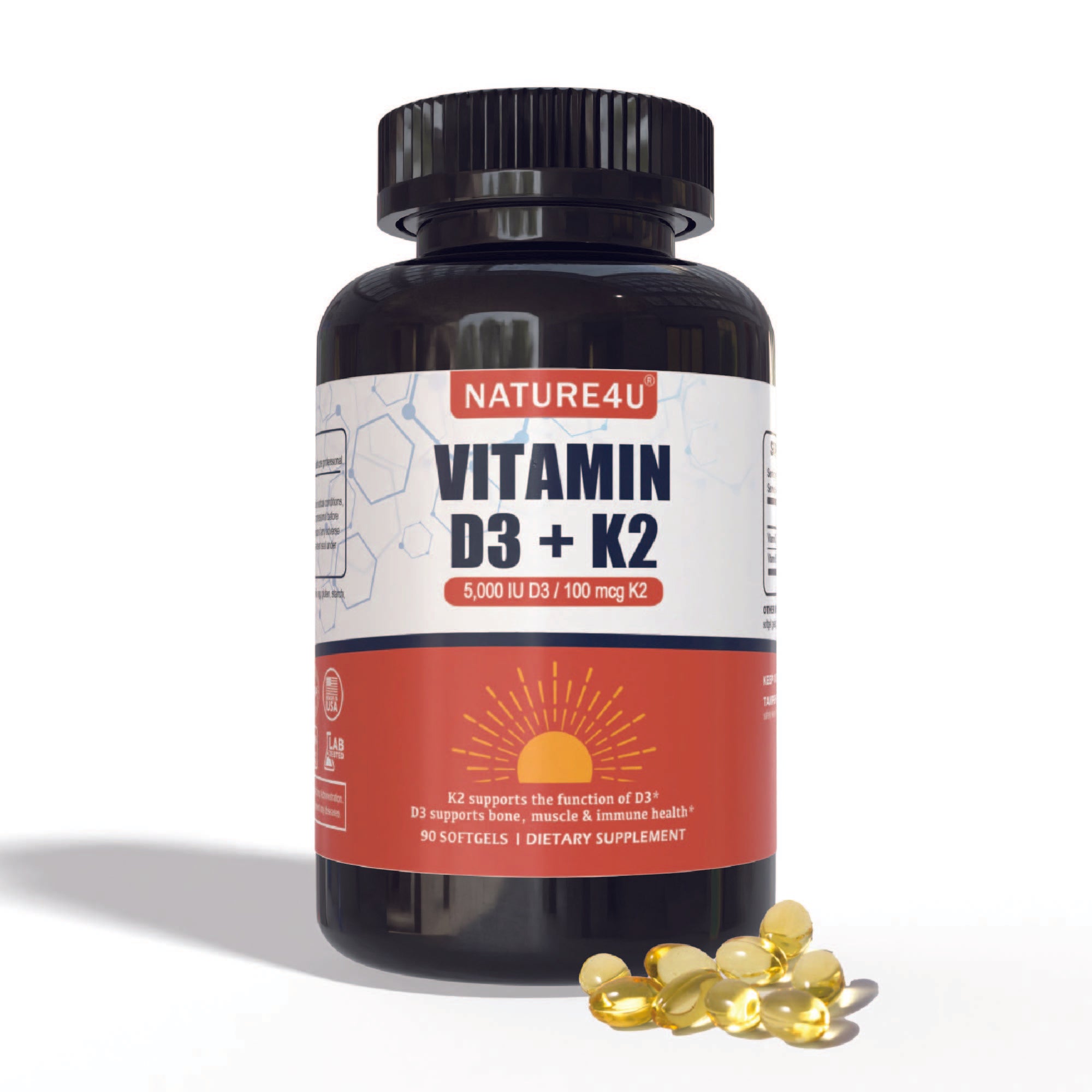 Nature4U Vitamin D3 K2, Vitamin D3 5000 IU (125 mcg) & Vitamin K2 100 mcg, 2 in 1 Vit D3 and K2 Supplements for Heart, Bone, Muscle and Immune Health Support, 90 Softgels