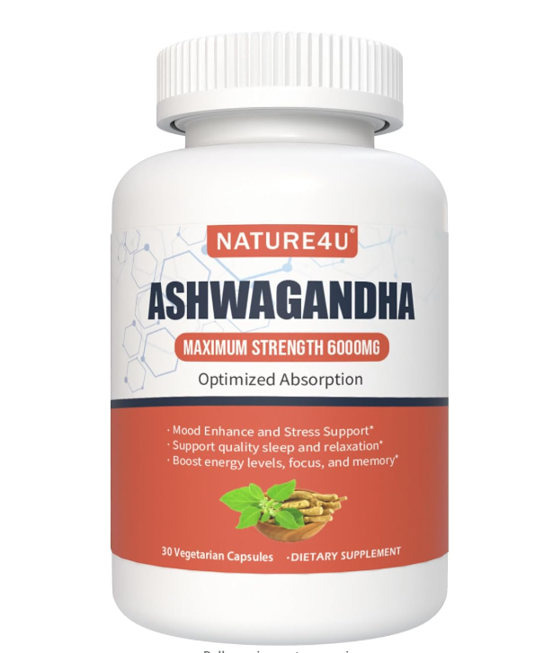 Ashwagandha 6000mg Maximum Strength, Optimized Absorption with Black Pepper and Ginger Root, Natural Adaptogen Mood &amp; Stress Support, Sleep &amp; Energy Support, 30 Vegan Capsules 1 Month